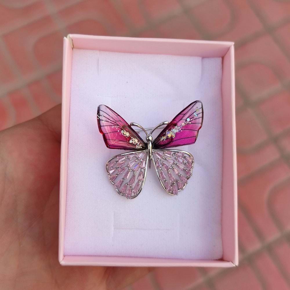 PEMBE TAŞLI KELEBEK BROŞ 3,5 CM